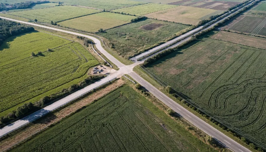 вид сверху, дорога, логистика, перекресток, поля, сельская местность