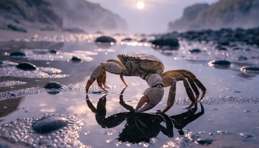 вода, дикая природа, закат, краб, отражение, пляж