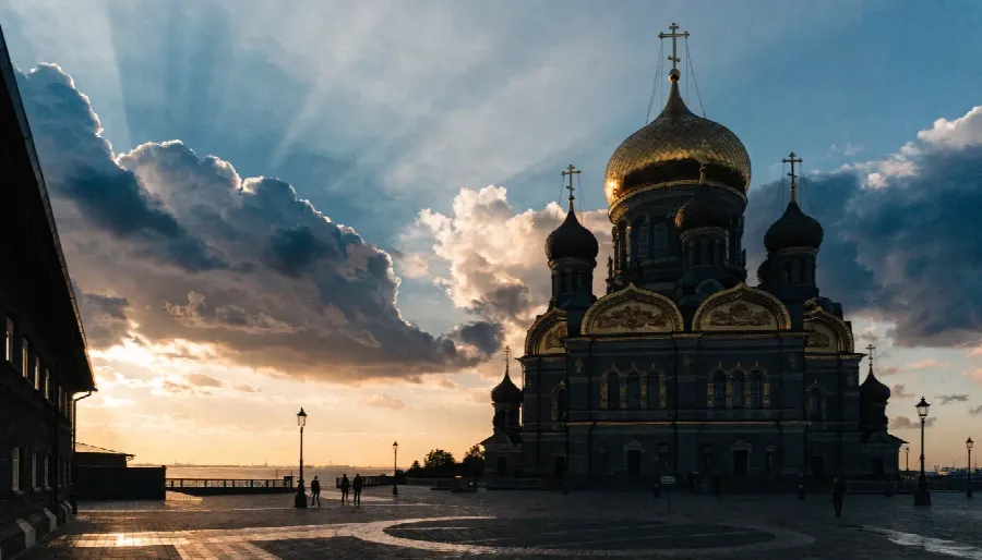 архитектура, городской пейзаж, закат, купол, набережная, небо
