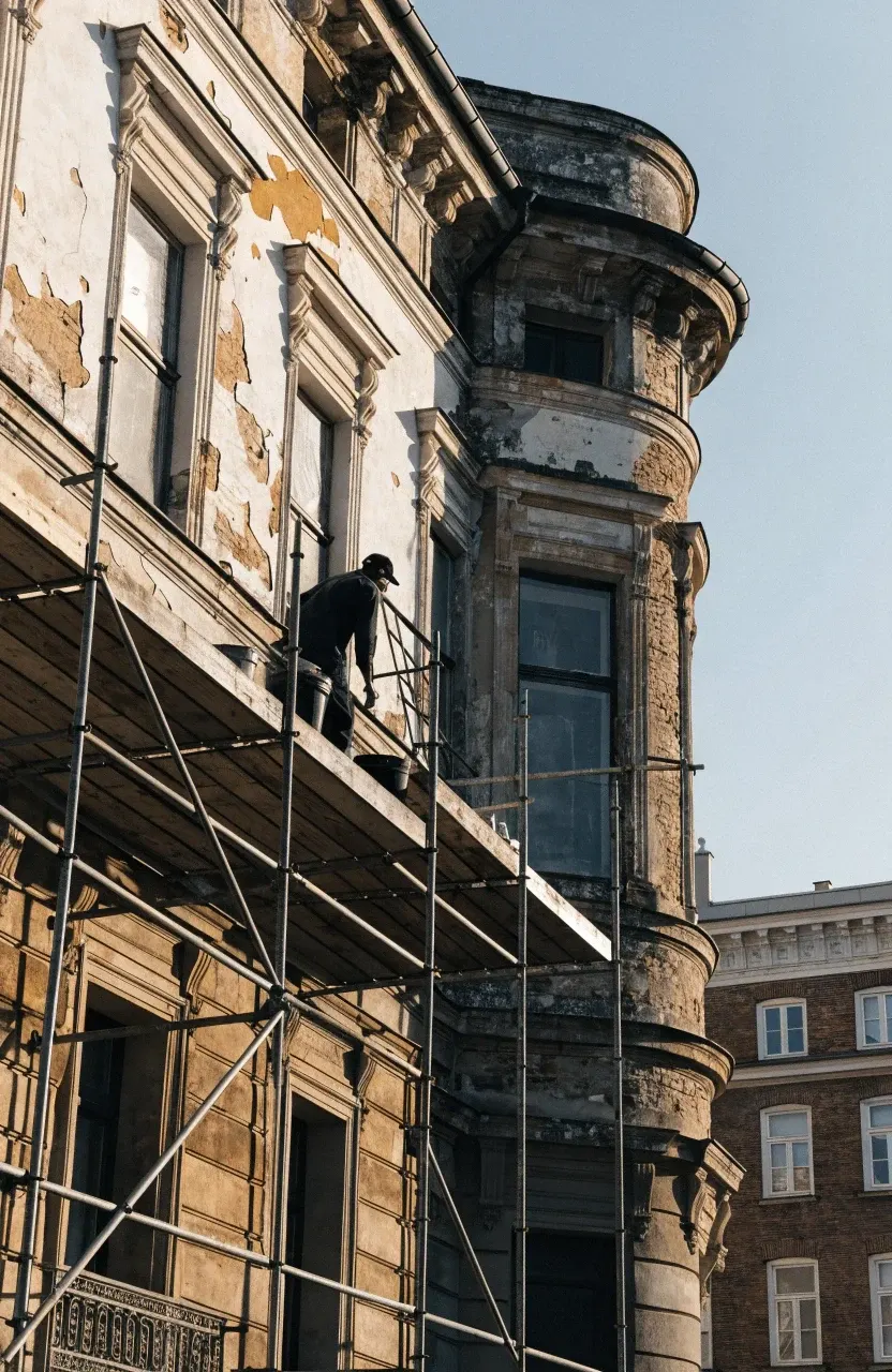 архитектура, здание, рабочий, ремонт, реставрация, строительные леса